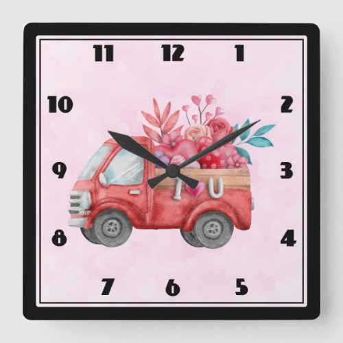 Cute Love Truck with Heart Cargo Watercolor Square Wall Clock