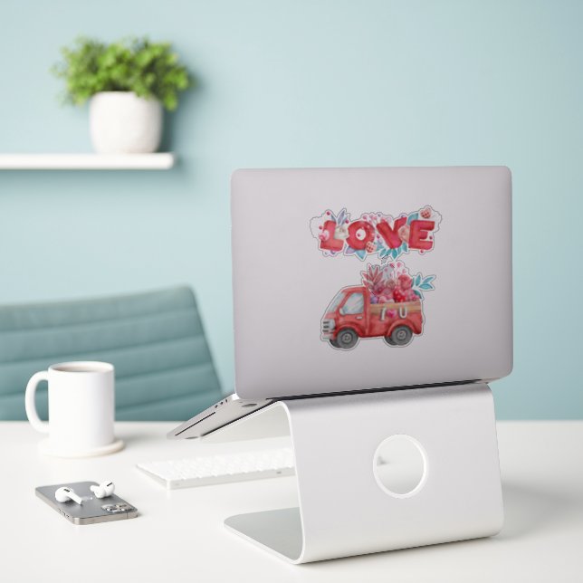 Cute Love Truck with Heart Cargo Watercolor Sticker (Laptop On Desk)