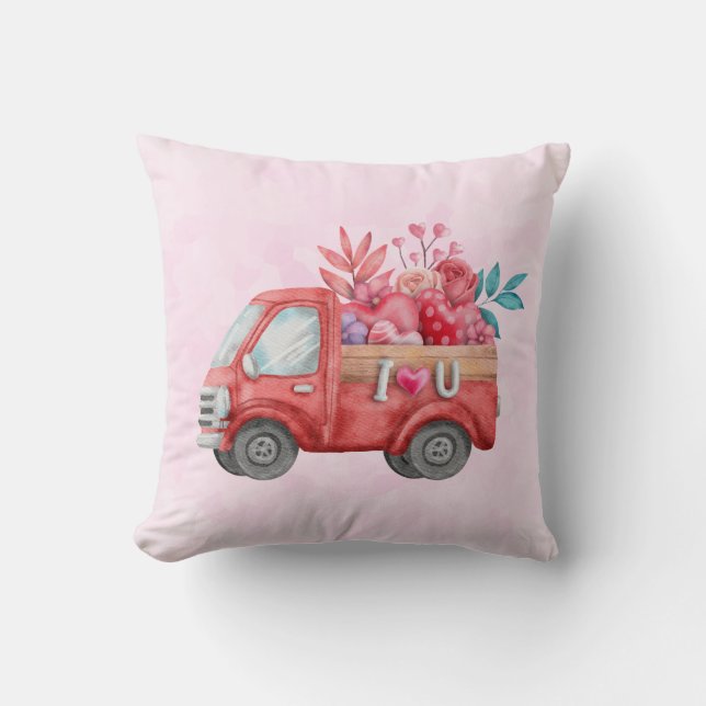 Cute Love Truck with Heart Cargo Watercolor Throw Pillow (Front)
