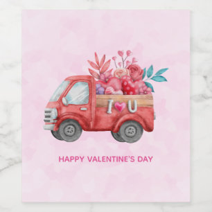 Cute Love Truck with Heart Cargo Watercolor Wine Label