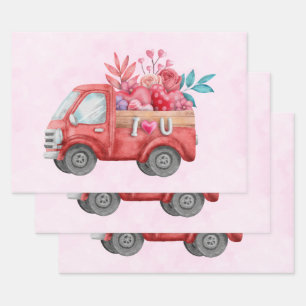 Cute Love Truck with Heart Cargo Watercolor Wrapping Paper Sheets
