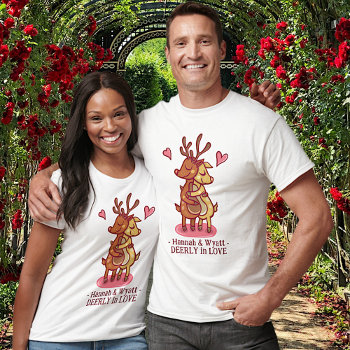 Cute Love Valentine's Day Deer Couple Custom Text T-shirt by HaHaHolidays at Zazzle