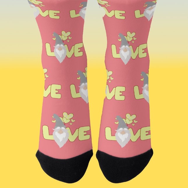 Cute love Valentines Day Gnome  Pink Yellow Gray Socks (Creator Uploaded)