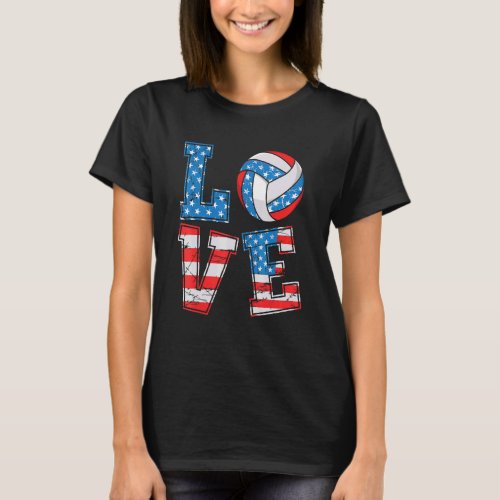 Cute Love Volleyball Usa Flag Women Girls Volleyba T_Shirt