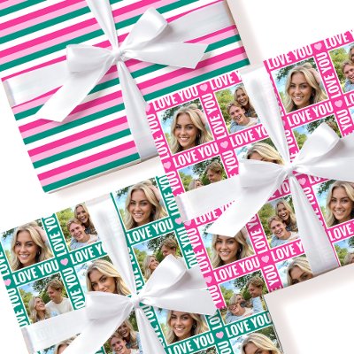 Cute Love You 4 Photo Collage Pink Heart 3 Set Wrapping Paper Sheets