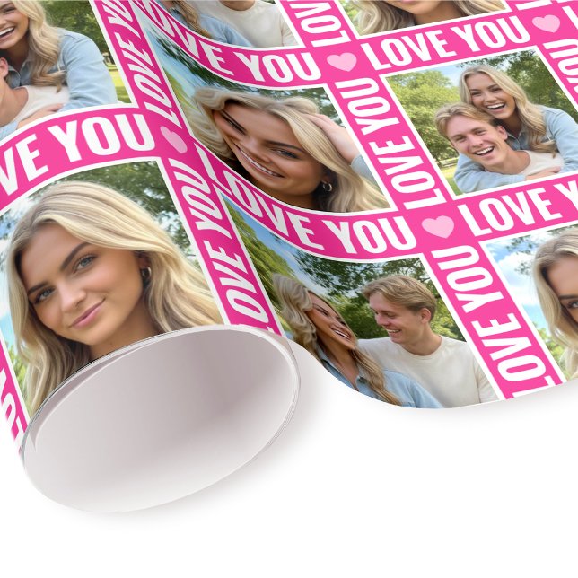 Cute Love You 4 Photo Collage Pink Heart Modern Wrapping Paper (Creator Uploaded)