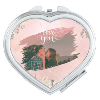 Cute Love You Custom Photo For Couple Pink Floral  Compact Mirror