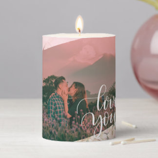 Cute Love You Custom Photo For Couple Pink Floral Pillar Candle