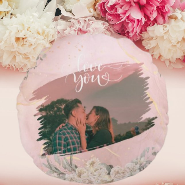 Cute Love You Custom Photo For Couple Pink Floral  Round Pillow (Creator Uploaded)