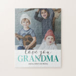 Cute Love You Grandma Photo Jigsaw Puzzle<br><div class="desc">Grandchildren picture puzzle featuring a stylish white background that can be changed to any color,  a precious family phot of the children,  the saying "love you grandma",  and their names.</div>