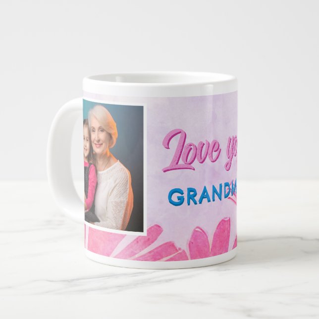 Cute Love you Grandma Pink Flowers 2 Photos Giant Coffee Mug (Front Left)