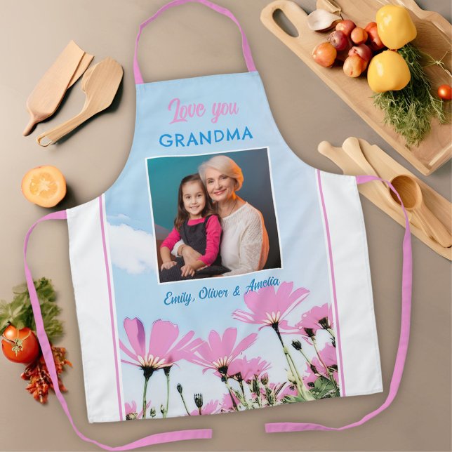 Cute Love you Grandma Pink Flowers Photo Apron (Creator Uploaded)