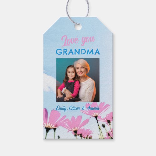 Cute Love you Grandma Pink Flowers Photo Gift Tags