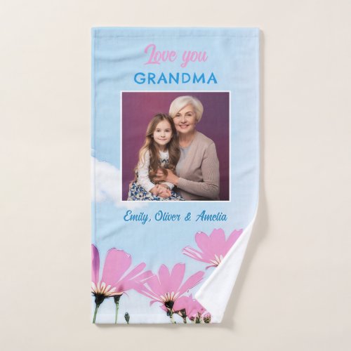 Cute Love you Grandma Pink Flowers Photo Hand Towel