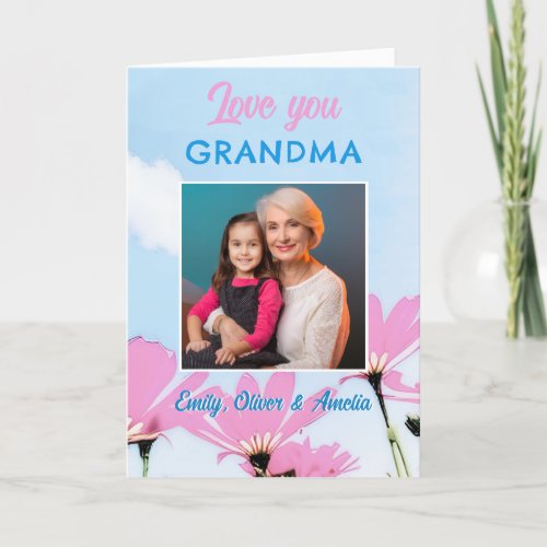 Cute Love you Grandma Pink Flowers Photo Holiday Card