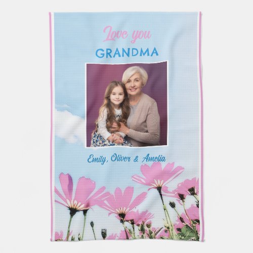Cute Love you Grandma Pink Flowers Photo Kitchen Towel