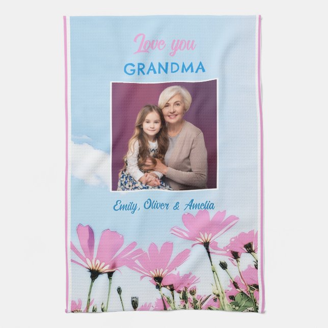 Cute Love you Grandma Pink Flowers Photo Kitchen Towel (Vertical)
