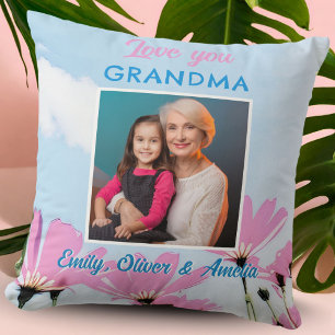 Cute Love you Grandma Pink Flowers Photo Throw Pillow