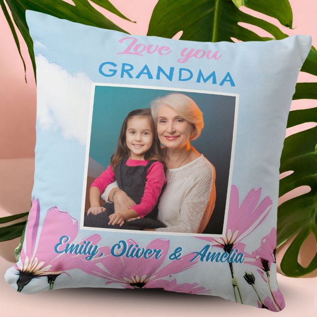 Cute Love you Grandma Pink Flowers Photo Throw Pillow (Creator Uploaded)