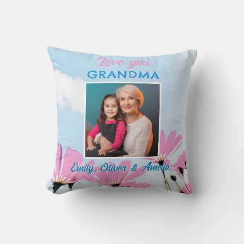 Cute Love you Grandma Pink Flowers Photo Throw Pillow