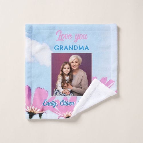 Cute Love you Grandma Pink Flowers Photo  Wash Cloth