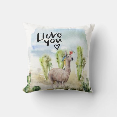 Cute Love You Llama Throw Pillow