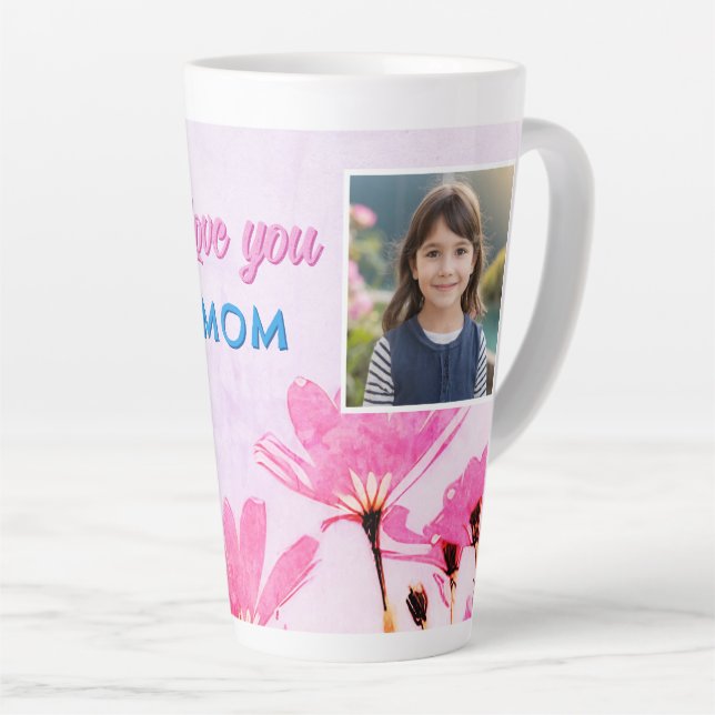 Cute Love you Mom Pink Flowers 2 Photos Latte Mug (Right Angle)