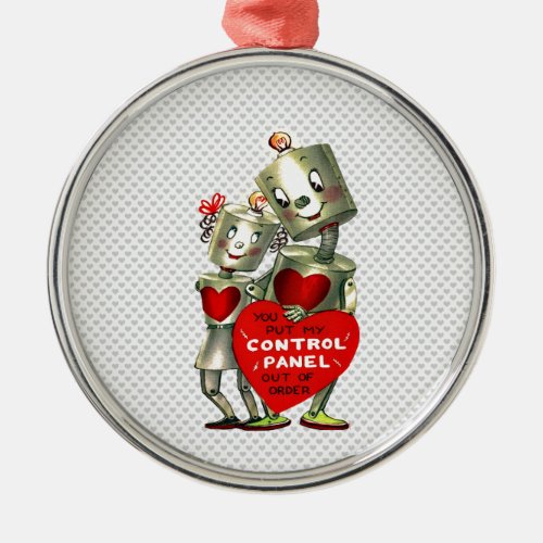Cute loveable vintage robots couple red hearts metal ornament