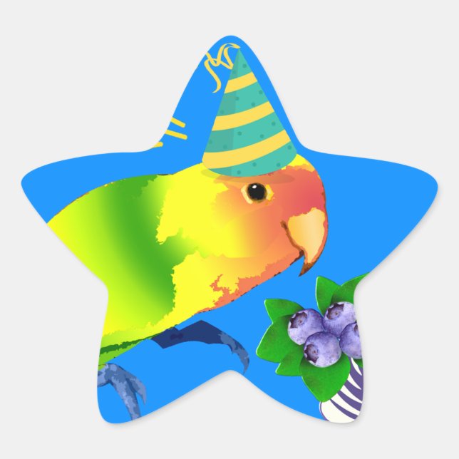 Cute Lovebird Party Parrot in Birthday Hat on Blue Star Sticker (Front)