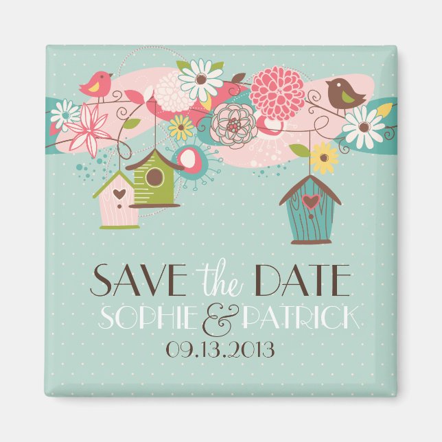 Cute Lovebirds & Birdhouses Save the Date Magnet (Front)