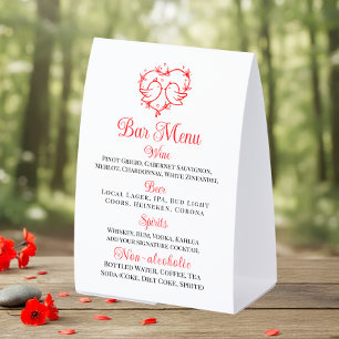 Cute Lovebirds Boho Red Heart Bar Menu Wedding Paper Table Tent