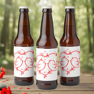 Cute Lovebirds Boho Red Heart Garden Wedding Beer Bottle Label