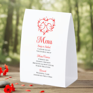 Cute Lovebirds Boho Red Heart Garden Wedding Menu Paper Table Tent