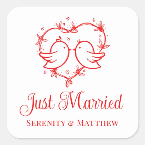 Cute Lovebirds Boho Red Heart Just Married Wedding Square Sticker