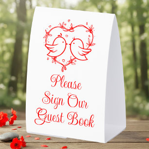 Cute Lovebirds Boho Red Heart Wedding Guest Book Paper Table Tent