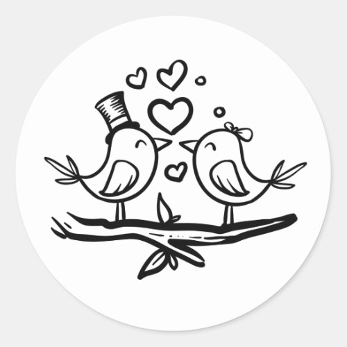 Cute Lovebirds Bridal Shower Black White Wedding Classic Round Sticker