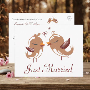 Cute Lovebirds Brown Just Married Wedding Announcement Postcard