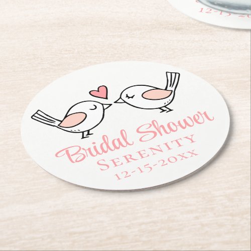 Cute Lovebirds Cartoon Love Birds Bridal Shower  Round Paper Coaster