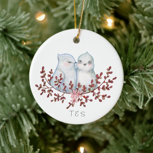 Cute Lovebirds Couples First Christmas Together Ceramic Ornament (Tree)