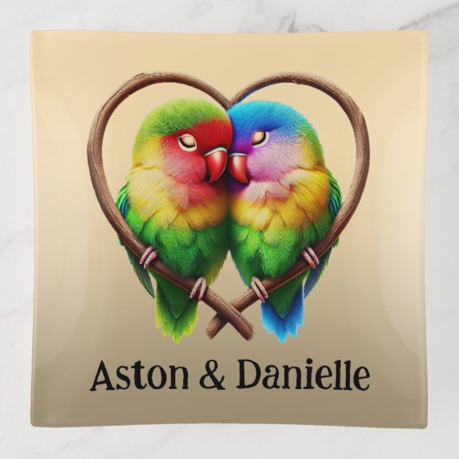 Cute Lovebirds Cuddling in a Heart Shaped Bough Trinket Tray (Front)