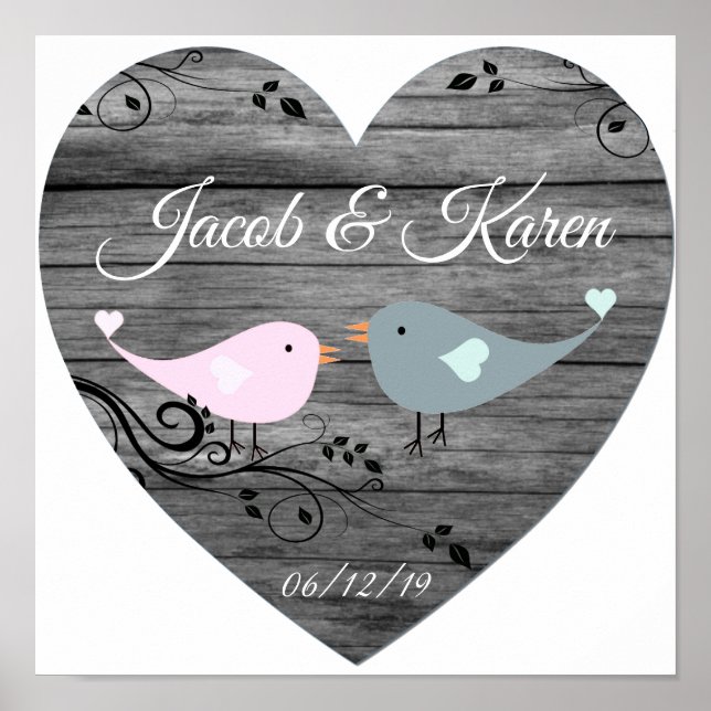 Cute Lovebirds Faux Wooden Heart Poster (Front)