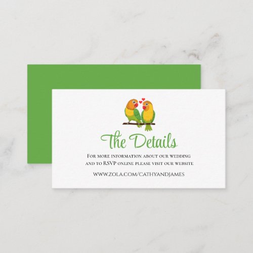 Cute Lovebirds Green Love Birds Wedding Details Enclosure Card