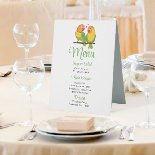 Cute Lovebirds Green Yellow Love Bird Wedding Menu Table Tent Sign