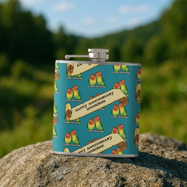 Cute Lovebirds Happy Anniversary Romantic Retro Flask (Creator Uploaded)