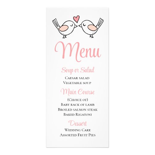 Cute Lovebirds Pink Love Birds Wedding Menu 