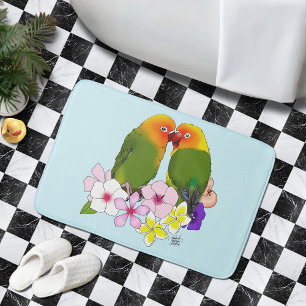 Cute Lovebirds Tropical Flowers Romantic Bird Bath Mat