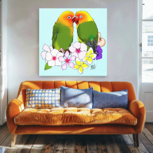 Cute Lovebirds Tropical Flowers Romantic Bird Canvas Print