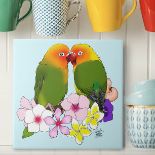Cute Lovebirds Tropical Flowers Romantic Bird Ceramic Tile