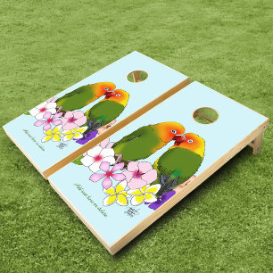 Cute Lovebirds Tropical Flowers Romantic Bird Cornhole Set
