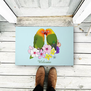 Cute Lovebirds Tropical Flowers Romantic Bird Doormat